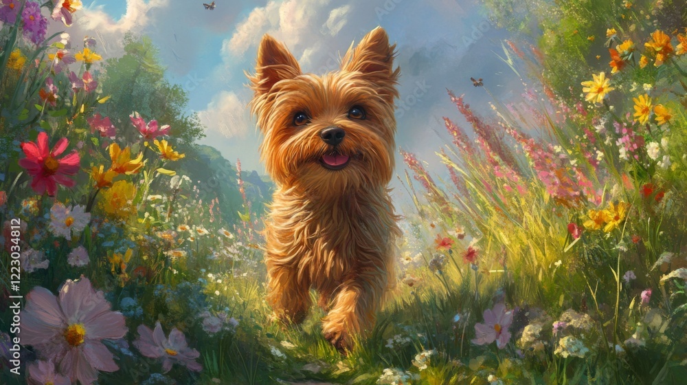 Poster a small dog prancing through a meadow, with flowers and tall grass around it, creating a whimsical a