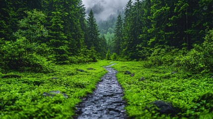 Misty mountain path, lush greenery, tranquil forest scene, nature travel