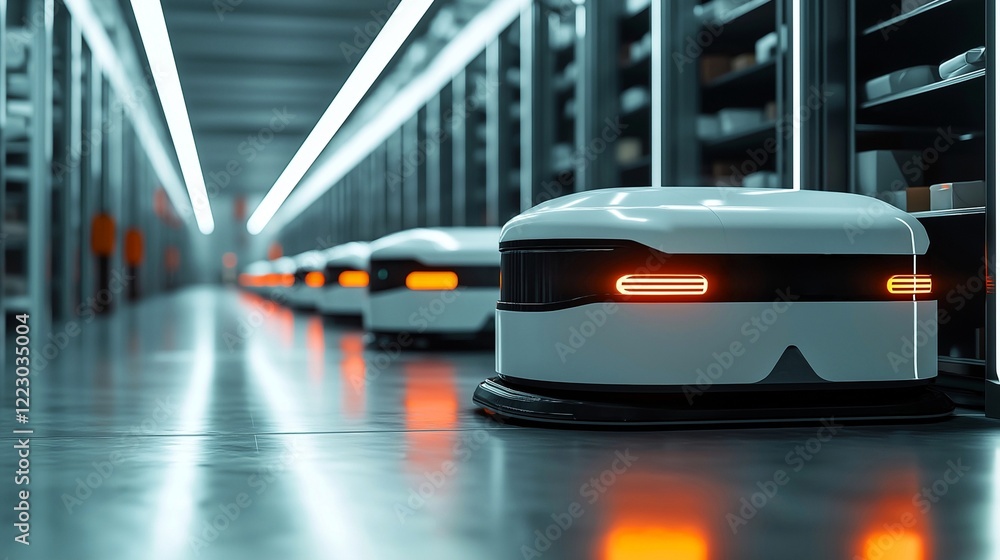 Poster autonomous warehouse: a row of sleek, white autonomous robots navigate a modern warehouse, showcasin