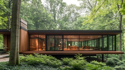 Peaceful Wooden Cabin Nestled in Dense Forest Surrounded by Lush Greenery and Large Windows Offering Scenic Nature Views and Serene Ambiance