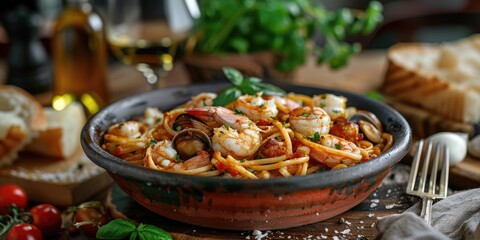 Seafood Linguine with prawns served in traditional Italian pottery