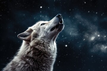 White Wolf Howling at the Moon in the Dark of Night - Generative AI Art with Wildlife Animal in Black and White Background