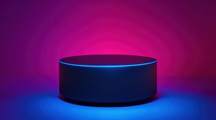 Neon-lit round pedestal with magenta and blue glow on gradient background