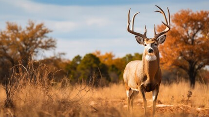 Fototapeta premium Whitetail Deer Buck in Texas Farmland. Close-Up of Majestic Antlers and Stunning Wildlife in Natural Habitat