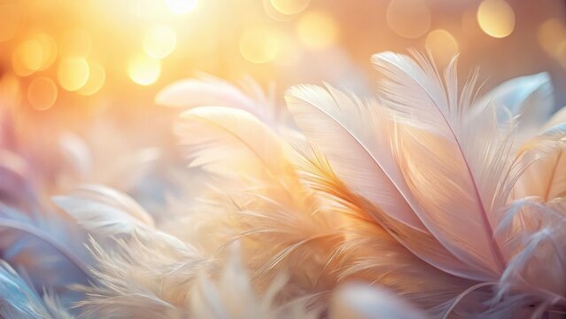 Soft pastel-colored chicken feathers in blurred background with warm light, serene environment