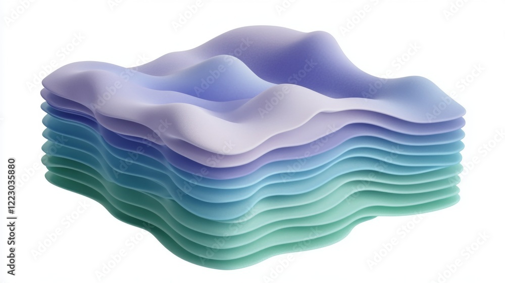 Poster a stacked area graph with soft gradient colors in blue, purple, and green tones, creating a smooth, 