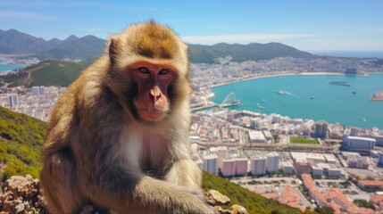 Wild Barbary Macaque Monkey in Gibraltar, Spain. Close-up Facial Portrait of Brown Mammal on the British Peninsula