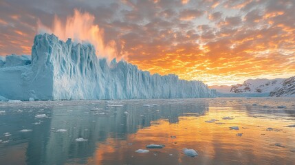Fototapeta premium Enormous Chunks of Ice Breaking from Melting Glacier at Sunset