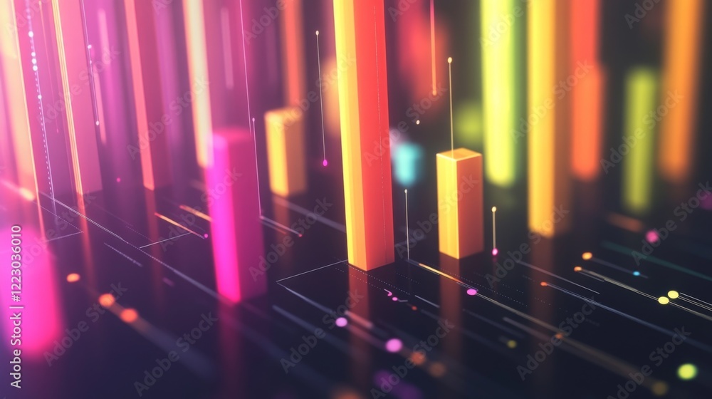 Poster a stacked column graph with bright colors and transparent effects, set on a dark background with glo