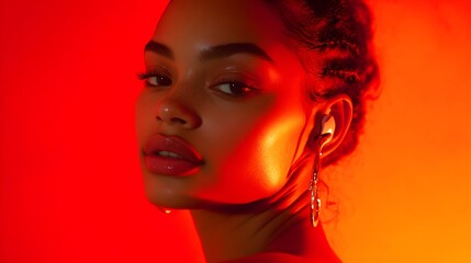 woman with earbuds in red light