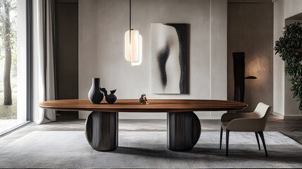 Modern minimalist table setup with artistic decor pieces.