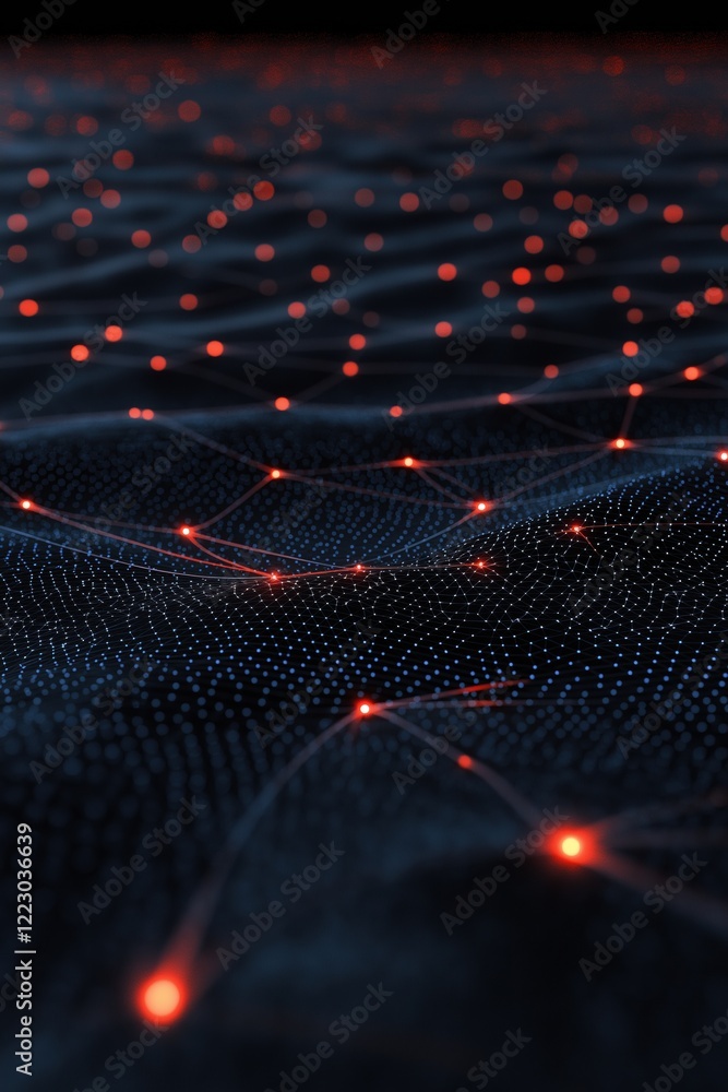 Poster a black and red image of a wave with many glowing dots. the image has a futuristic and abstract feel