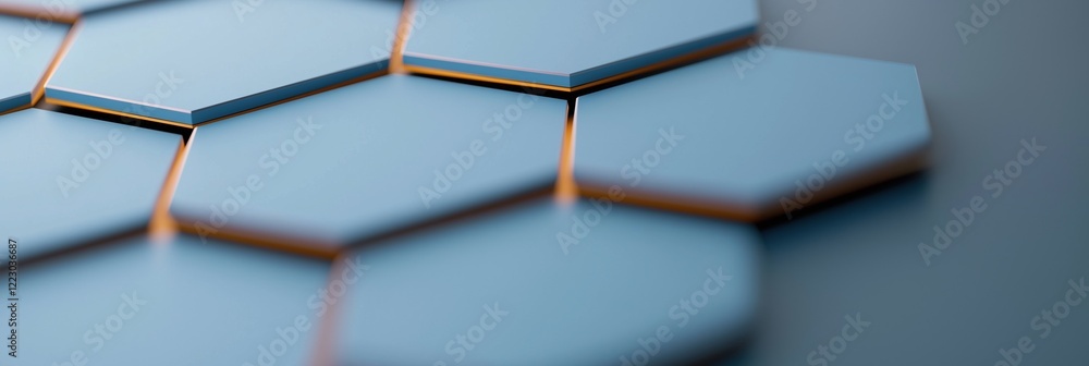 Poster a blue hexagon tile with a yellow border. the tile is part of a larger blue and yellow pattern