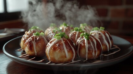 A steaming plate of golden-brown takoyaki balls drizzled with savory sauce and topped with bonito flakes and green onions, served on a dark wooden table