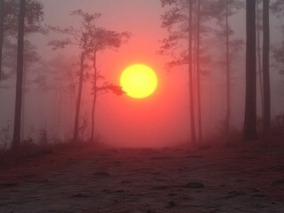 Dramatic Sunrise Shot of Sun Trying to Shine Through Forest with Mist and Trees Creating a Mysterious Atmosphere