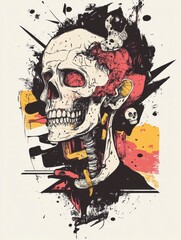 Artistic Skull Illustration with Bold Colors and Abstract Elements