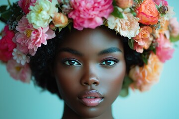 woman adorned with an elaborate floral crown made of colorful blossoms