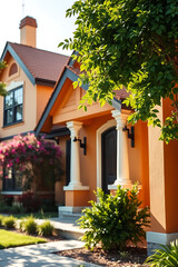 Fototapeta premium Dream house: An orange facade home with white columns, surrounded by lush greenery and a well-maintained garden. The perfect combination of modern architecture and natural beauty.