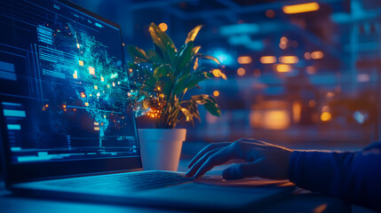 Nighttime Data Stream on Laptop Screen