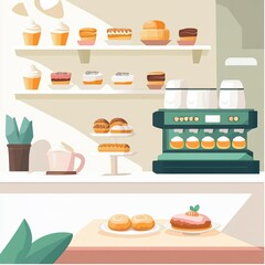 A bakery counter displaying cupcakes, pastries, and a coffee machine in a modern setup.