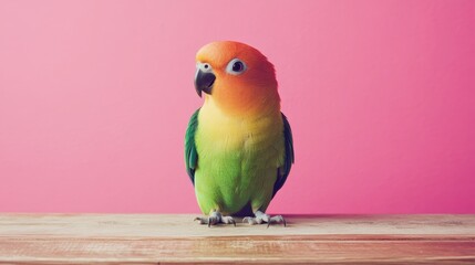 Naklejka premium Small green and yellow parrot curiously posing on wooden table