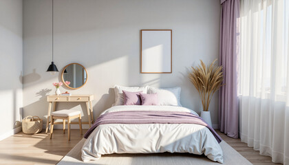Serene minimalist bedroom with lavender accents, peaceful ambiance