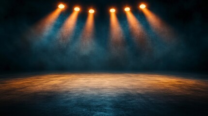 3D rendering of an empty boxing ring illuminated by spotlights
