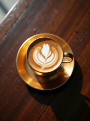 Beautifully crafted latte art displayed in an elegant golden cup on a rustic wooden table