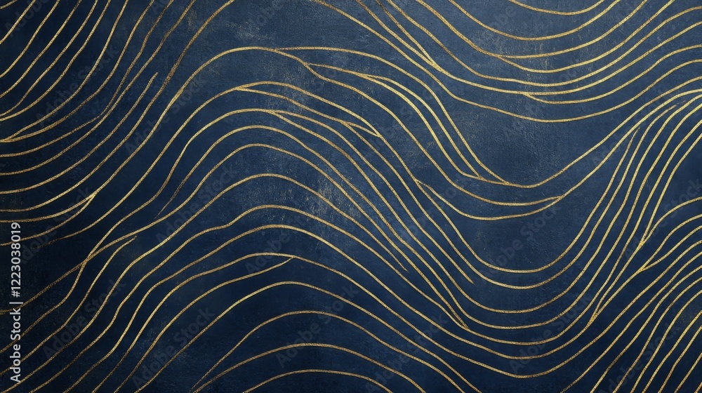 Poster a textured surface with fine, wavy lines in subtle gold on a rich navy background, giving a luxuriou