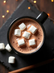 Rich hot chocolate topped with mini marshmallows served in a black mug on a wooden table with fairy lights in the background