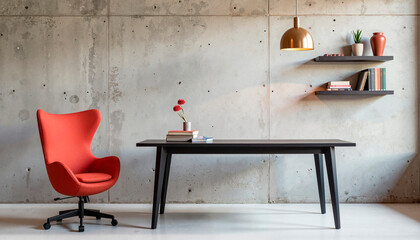 Minimalist workspace with industrial decor and bold red chair, modern design