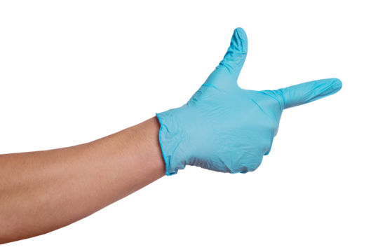 Male hand with index finger pointing to something. doctor hand in protective latex blue nitrile medical glove. PNG isolated on transparent background