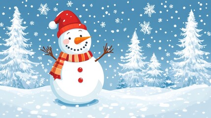Snowman wearing a red scarf and hat, surrounded by snowy pine trees.