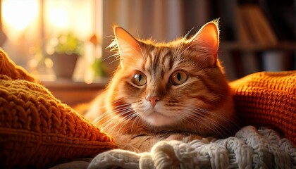 Cozy Cat Relaxing with Soft Lighting and Warm Blanket - Comforting Home Vibes