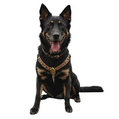 Lovely Beauceron sitting in a white photo studio background. Belgian Shepherd Dog. Eight months old black German Shepherd puppy, sitting, panting and looking at the camera, isolated on white.