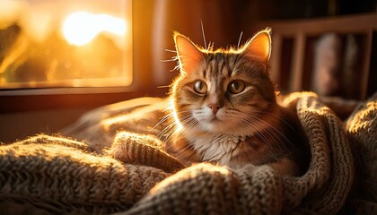 Cozy Cat Relaxing with Soft Lighting and Warm Blanket - Comforting Home Vibes