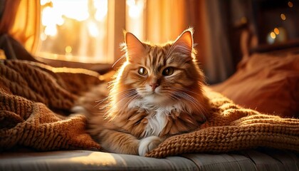 Cozy Cat Relaxing with Soft Lighting and Warm Blanket - Comforting Home Vibes