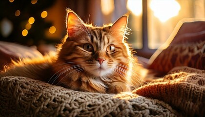 Cozy Cat Relaxing with Soft Lighting and Warm Blanket - Comforting Home Vibes