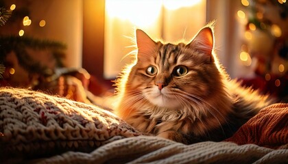Cozy Cat Relaxing with Soft Lighting and Warm Blanket - Comforting Home Vibes