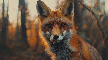 Obraz premium Majestic red fox in autumn forest at sunset with golden leaves