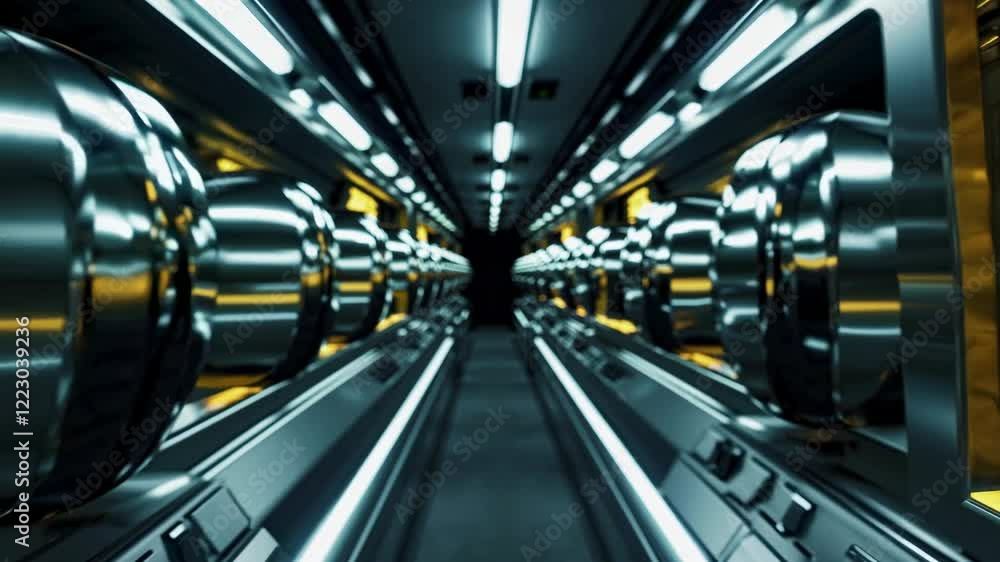 Poster Exploring a futuristic transport system with glowing interfaces and intricate designs in a high-tech setting