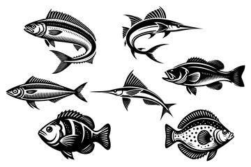 Set of fish monochrome clip art illustration