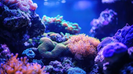 Obraz premium Colorful coral reef with vibrant hues of pink, orange, and blue under deep water