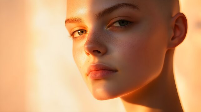 golden hour portrait of a young woman with shaved head and freck