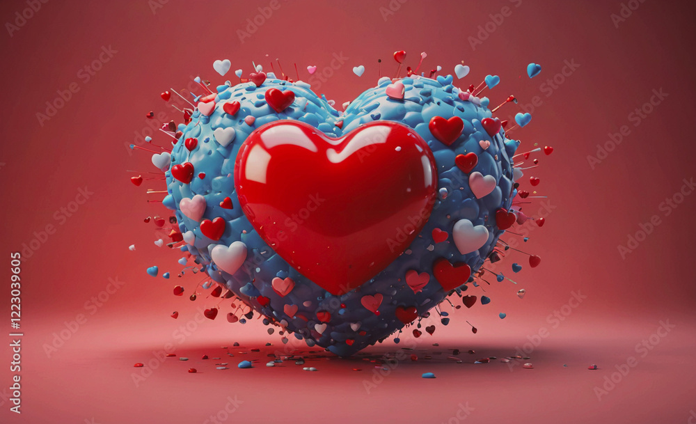Poster heart made of many small hearts is on a red background. the heart is surrounded by many other hearts