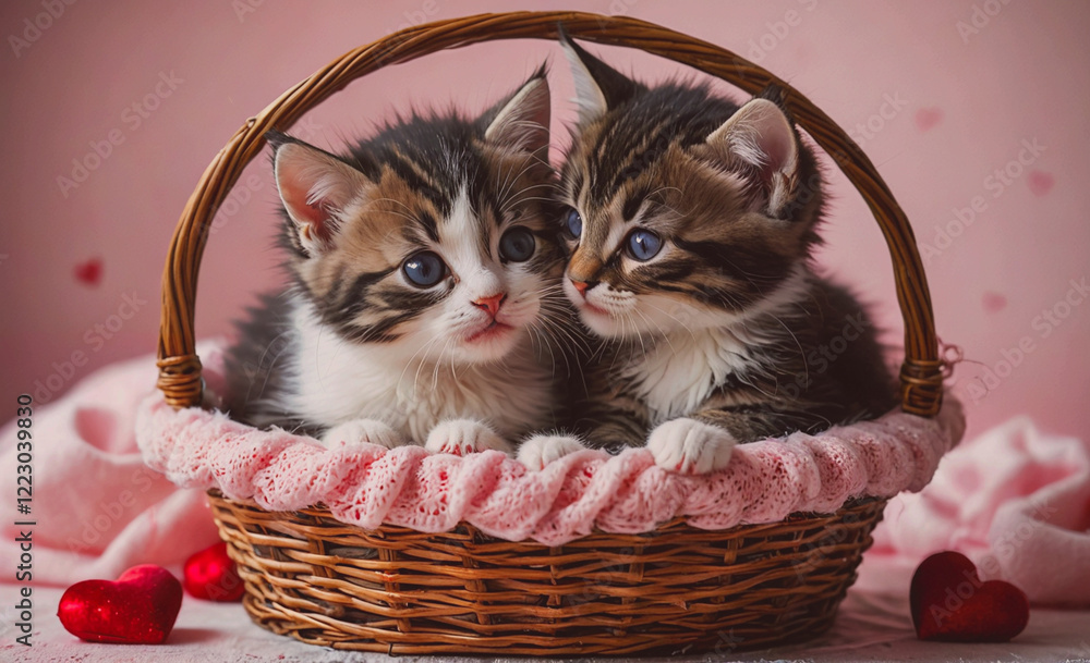 Poster two kittens are in a basket with a pink blanket. the basket is filled with hearts. the kittens are c