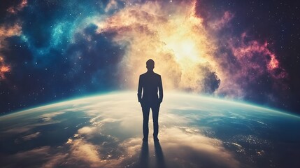 man silhouette on earth against cosmic nebula