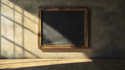 empty chalkboard in rustic room with sunlight