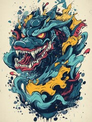 Fototapeta premium Fierce Colorful Dragon Illustration with Dynamic Fluid Elements