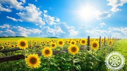 A vibrant landscape featuring sunflowers and a rustic wooden fence in the foreground, set against a backdrop of a bright blue sky dotted with fluffy clouds